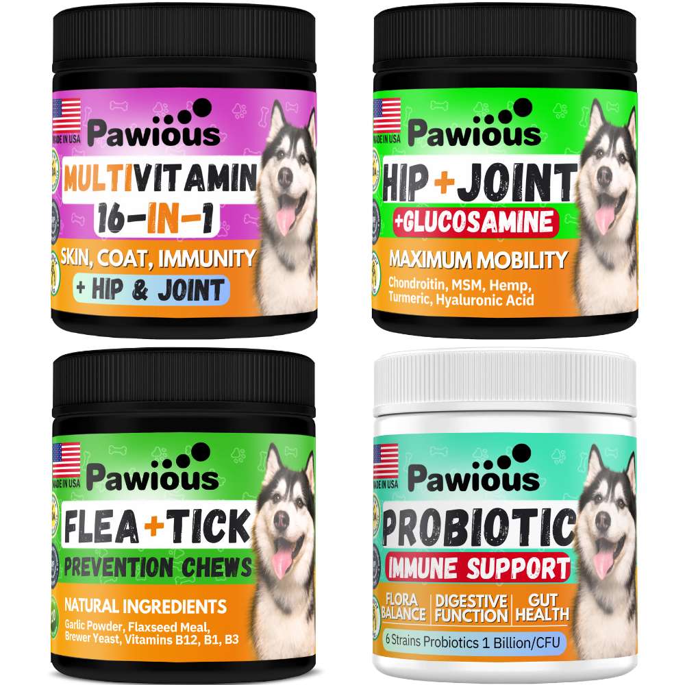 Masticables suaves para perros: Hip &amp; Join, multivitaminas, probióticos y prevención de pulgas y garrapatas 