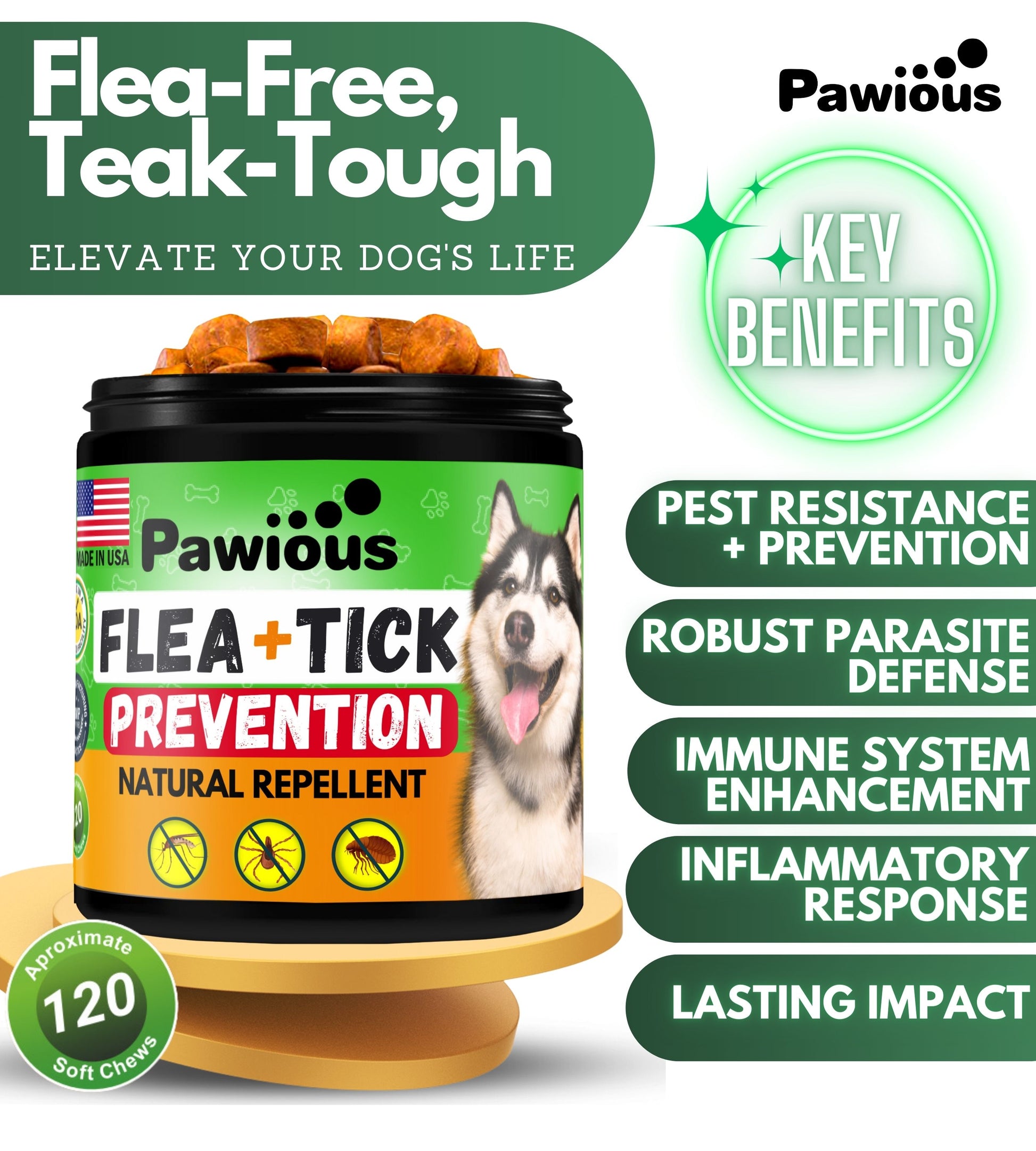 Prevención de pulgas y garrapatas para perros masticables - Hecho en EE. UU., 9 oz - Suplemento natural - Defensa contra plagas