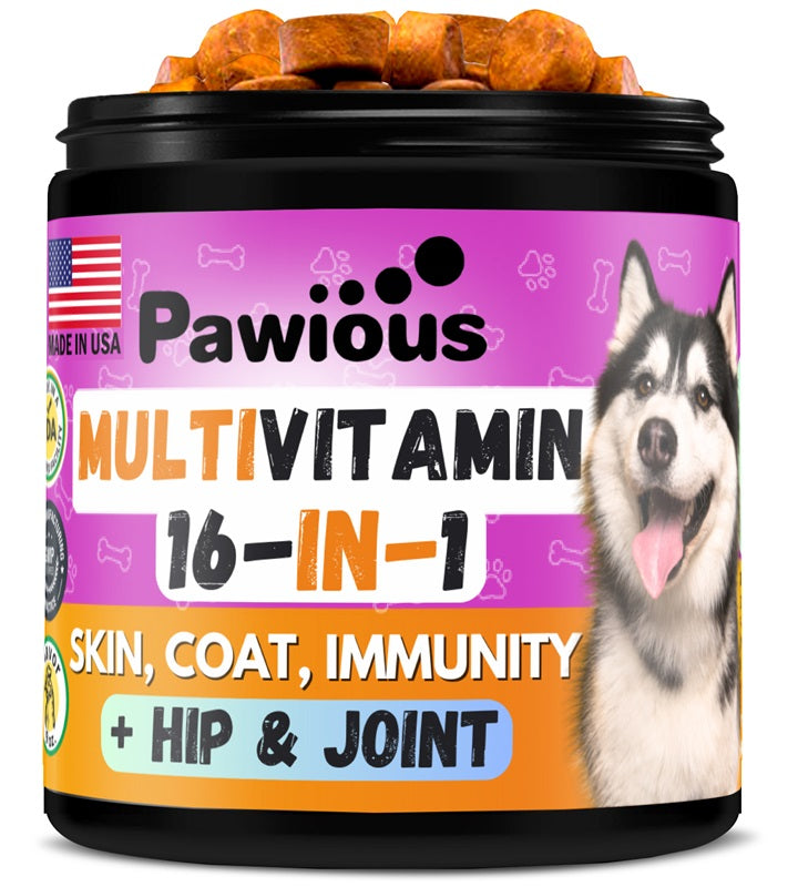 Multivitamínico masticable para perros con glucosamina 16 en 1 - Soporte para cadera y articulaciones - Inmunidad - Movilidad - Intestino, piel, corazón, pelaje 