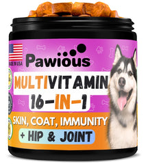 Multivitamínico masticable para perros con glucosamina 16 en 1 - Soporte para cadera y articulaciones - Inmunidad - Movilidad - Intestino, piel, corazón, pelaje 