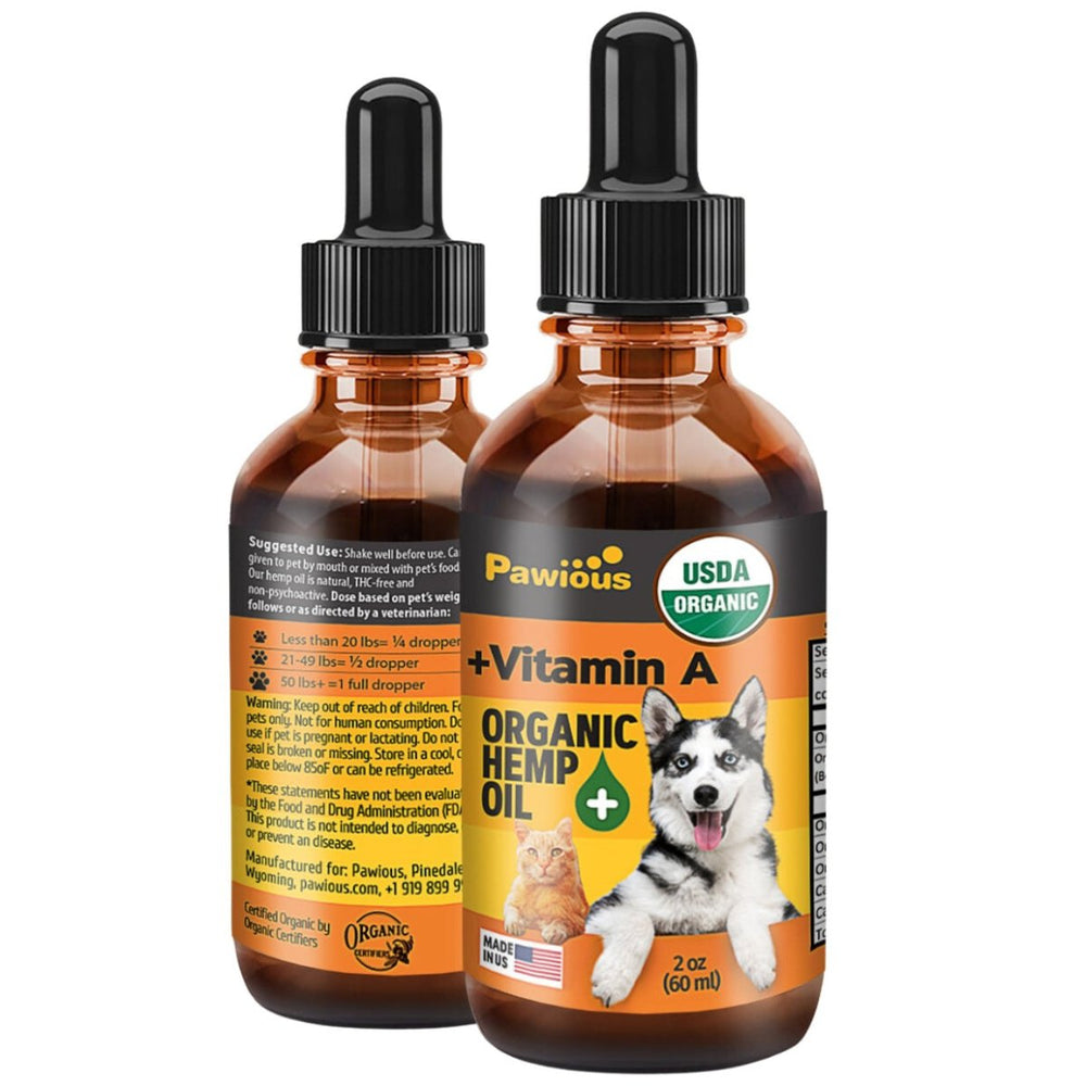 Hemp Oil for Dogs and Cats - USDA Organic, Large 2oz Bottle, Made in USA - Omega 3, 6 and 9, Vitamins A and E - Hip and Joint Support - Pawious