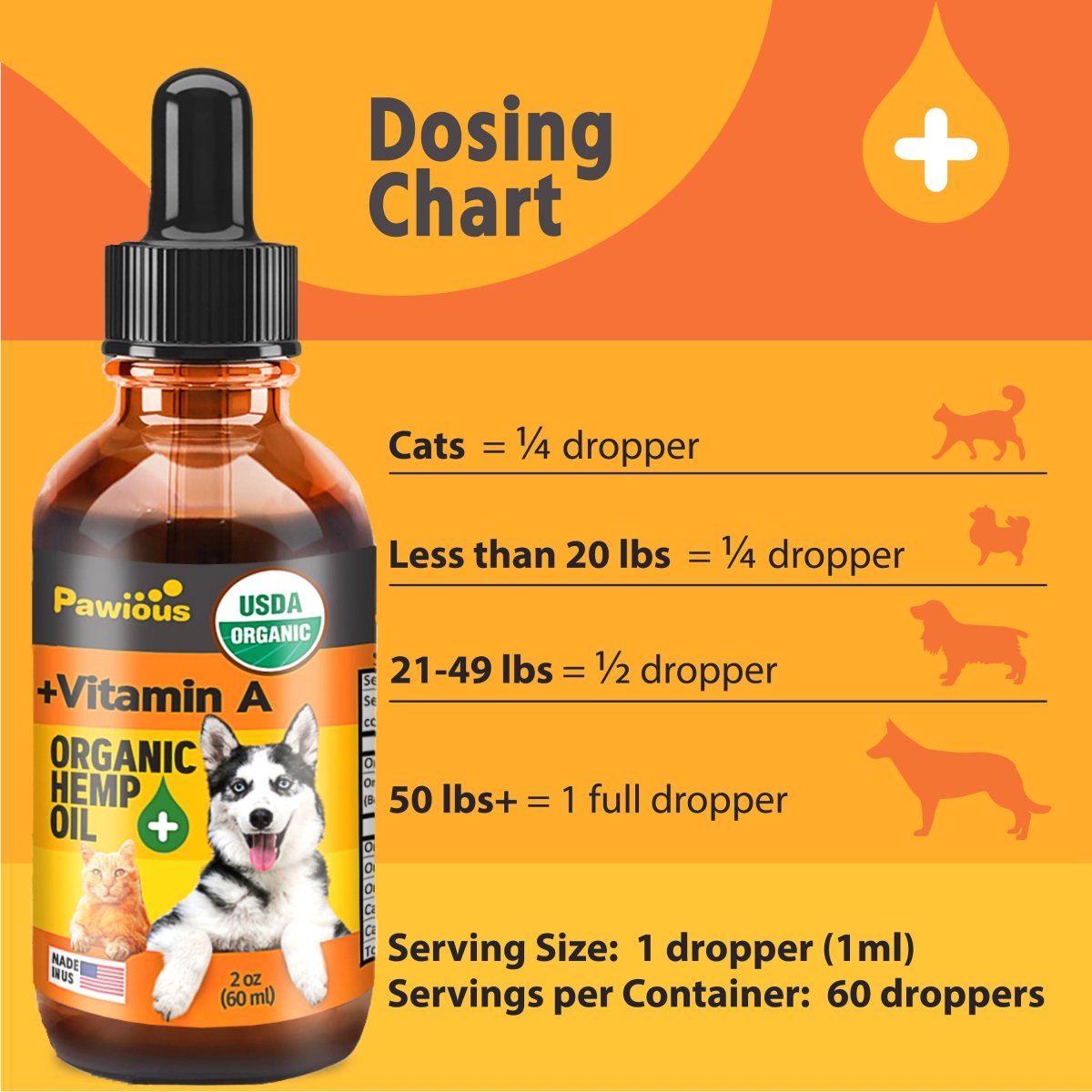 Hemp Oil for Dogs and Cats - USDA Organic, Large 2oz Bottle, Made in USA - Omega 3, 6 and 9, Vitamins A and E - Hip and Joint Support - Pawious
