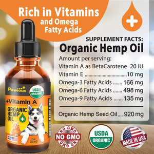 Hemp Oil for Dogs and Cats - USDA Organic, Large 2oz Bottle, Made in USA - Omega 3, 6 and 9, Vitamins A and E - Hip and Joint Support - Pawious