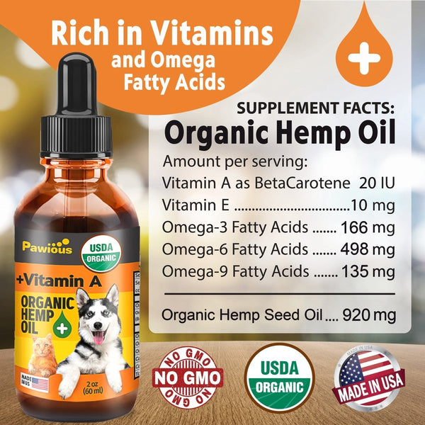 Hemp Oil for Dogs and Cats - USDA Organic, Large 2oz Bottle, Made in USA - Omega 3, 6 and 9, Vitamins A and E - Hip and Joint Support - Pawious