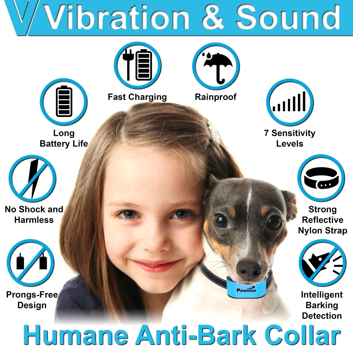 Small Dog Bark Collar - Humane No Shock, No Harmful Prongs, Rechargeable - for Small and Medium Dogs - Pawious