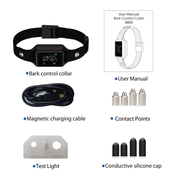 Smart Dog Bark Collar B800 Black - Rechargeable, Waterproof IPX68, Small to Large Dogs, Adjustable 5-22in, Color Display