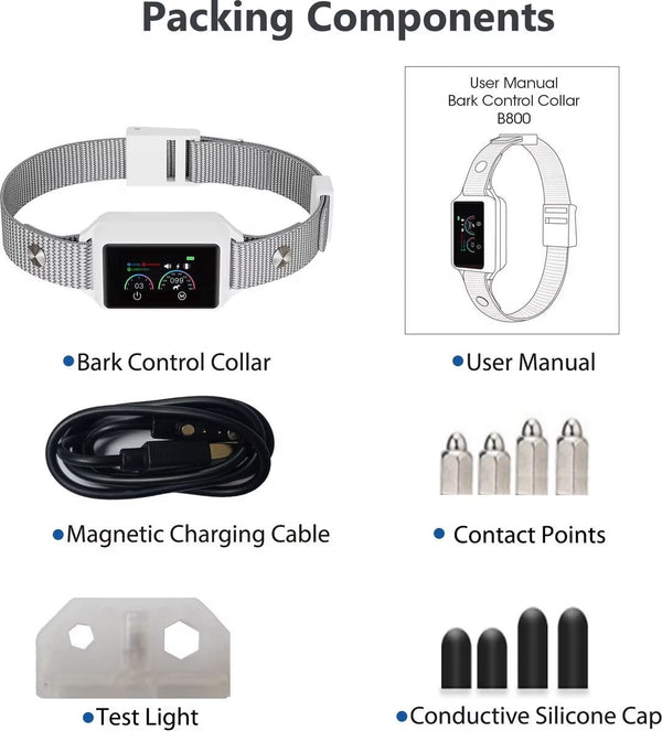 Smart Dog Bark Collar B800 Grey - Rechargeable, Waterproof IPX68, Small to Large Dogs, Adjustable 5-22in, Color Display - Pawious